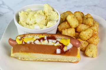 hot dog with tater tots and potato salad