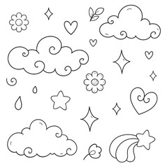 Simple cute coloring book, elements, heart, cute clouds, stars, flowers, coloring pages, collection, children's drawings, line, outline