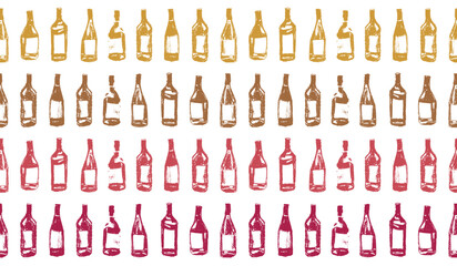 Wine bottles pattern seamless. Hand-drawn coal sketches of red wines and white wines in vector. Winery frame design, grape alcohol pattern.