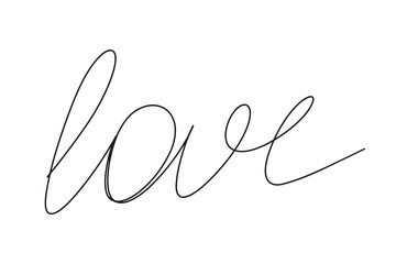 Vector illustration Love written by hand in one line. Outline of black text on a white background. One line letter in calligraphy style. Love word. Hand drawn, one line. Calligraphy thin line.