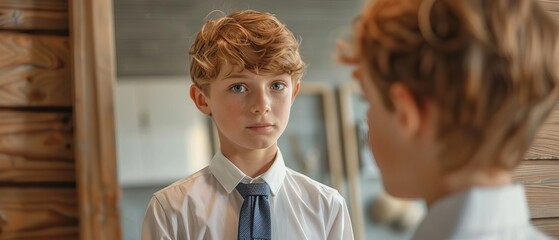 Photo realistic image of a student adjusting their tie in a mirror, preparing for the first day of school in their new uniform