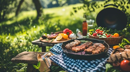 Inviting outdoor barbecue setup featuring grilled sausages and a variety of fresh vegetables on a wooden table with a checkered tablecloth. The lush green background adds to the summery picnic vibe