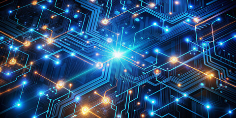 A futuristic digital collage depicting a complex computer network with glowing circuits, wires, and motherboards, set against a dark blue background with neon accents.