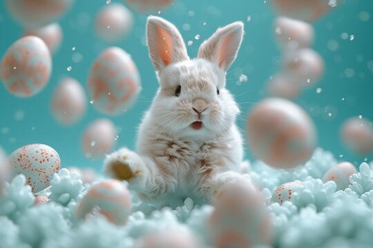 Charming scene featuring an adorable fluffy bunny surrounded by pastel-colored Easter eggs, set against a soft blue background, evoking the joy and innocence of Easter celebrations.