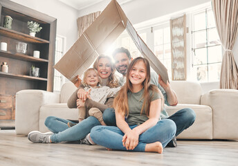 Portrait, smile and family with cardboard roof for house insurance, security protection and...