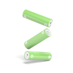 Three AA batteries isolated on white background. Green color. 3d illustration.