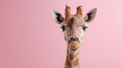 Fototapeta premium Cute giraffe portrait in the light pink background with copyspace