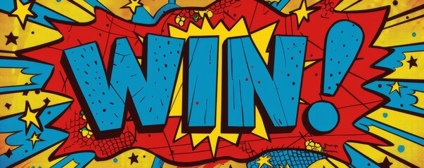 Colorful pop-art design with the word WIN surrounded by stars and abstract shapes