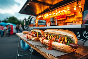 Three hotdogs are placed on a wooden table located in front of a food truck, serving as a delicious street food option, Rustic food truck serving hotdogs at a sporting event, AI Generated