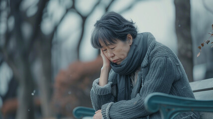 公園のベンチで泣く老婦人