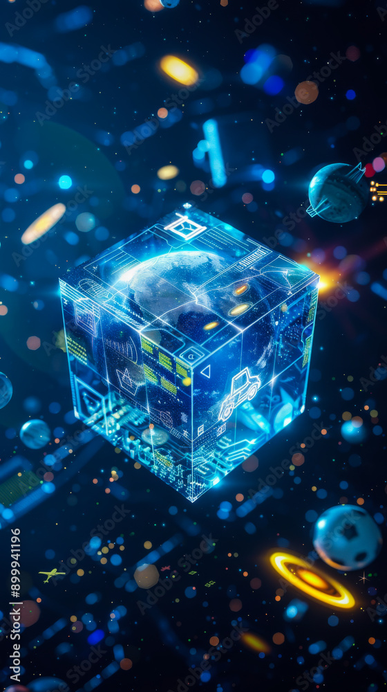 Poster a cube with many different colored lights and shapes is floating in the air. the image has a futuris
