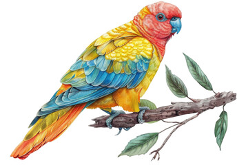 Fototapeta premium Vibrant Parrot Illustration on Branch Nature, Tropical, Exotic, Wildlife, Art Print Design