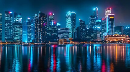 A skyline of skyscrapers with flashing lights