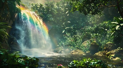 A waterfall with a rainbow and an environment of lush vegetation