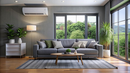 Obraz premium Cozy modern living room with comfortable gray couch, sleek air conditioner, and large window letting in natural light, creating a relaxing ambiance.
