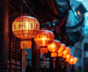 Naklejka premium Chinese red lanterns, a Chinese New Year atmosphere, a black background, bright lights