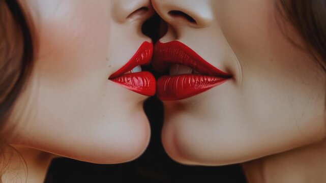 Two pairs of glossy red lips in a close-up, intimate pose, capturing the essence of passion and romance. The image conveys a sense of desire, sensuality, and connection between the two individuals.