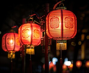 Chinese red lanterns, a Chinese New Year atmosphere, a black background, bright lights