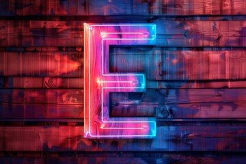Neon letter E on colorful wooden background, vibrant and modern design