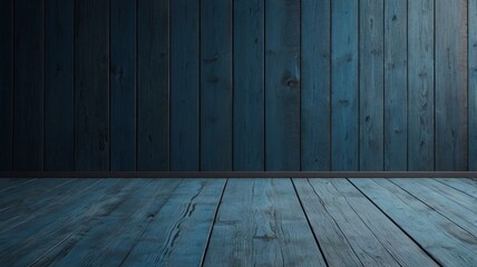 Naklejka premium Banner featuring a minimalist, seamless HD quality wallpaper showcasing a blue wooden floor with a subtle, dusty texture. The design includes ample copyspace, providing a clean, modern backdrop for va