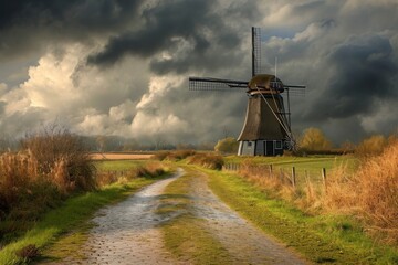 A dirt road stretches towards a windmill as dark clouds fill the sky, Rustic windmill in a Dutch landscape, AI Generated