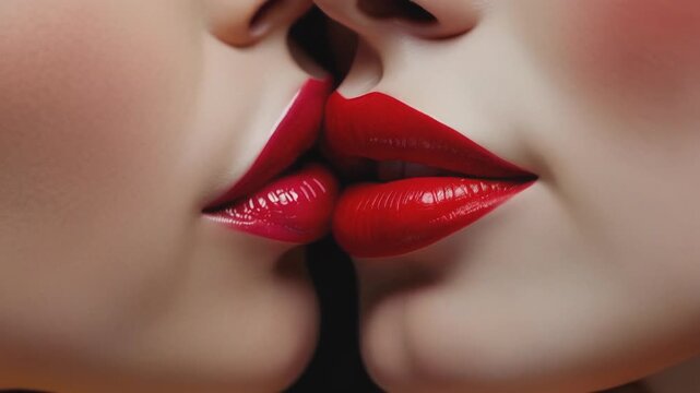 Two pairs of glossy red lips in a close-up, intimate pose, capturing the essence of passion and romance. The image conveys a sense of desire, sensuality, and connection between the two individuals.