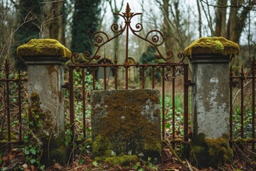 An image of an aged iron gate covered in a layer of green moss, showcasing the approach of time and...