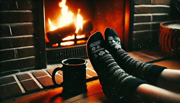 feu de chemin&eacute;e, chaussettes confortables, ambiance  No&euml;l, vacances d'hiver parfaites
