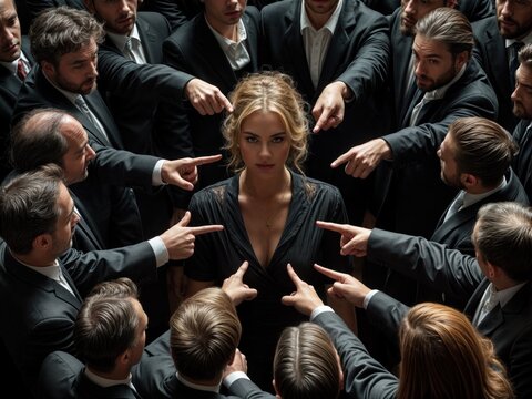 Homens cercando uma mulher e apontando o dedo para ela, em uma clara demonstra&ccedil;&atilde;o de machismo, misoginia e sexismo coorporativo