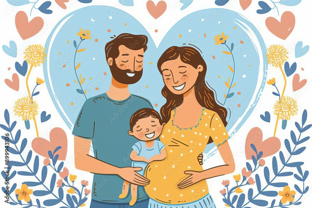 Poster Cartoon family with baby and heart decorations vibrant colors playful illustration style highlighting joy and togetherness in a cheerful loving environment