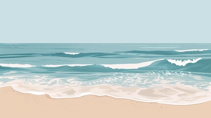 Serene beach with gentle ocean waves in minimalist artistic style