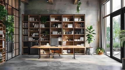 A loft-style office featuring exposed concrete ceilings, large windows, and contemporary furniture.