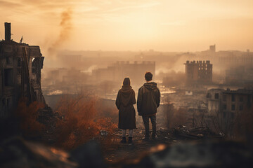 Fototapeta premium Couple Staring In A Burning Destroyed City In War
