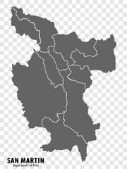 Blank map Department San Martin of Peru. High quality map Department  of San Martin with districts on transparent background for your web site design, logo, app, UI.  Republic of Peru.  EPS10.