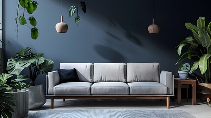 Contemporary Living Room with Gray Sofa and Indoor Plants