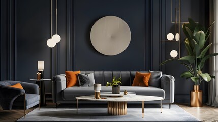 Contemporary art deco interior with a luxurious grey sofa and sophisticated decor