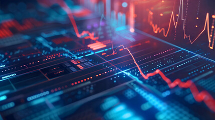 Financial Market Data Visualization with Declining Graph on Digital Interface in Blue and Red Neon