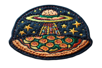Colorful Embroidered Patch of UFO with Pizza Beaming Under Starry Night Sky Perfect for Jackets, Bags, and Craft Projects