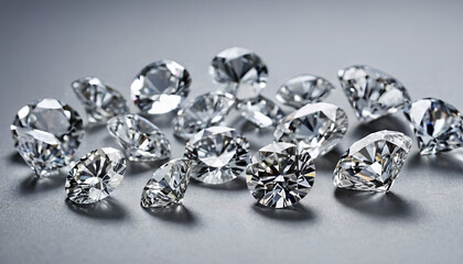 A variety of expertly shaped diamonds sparkle and reflect light on a smooth gray surface, showcasing their clarity and brilliance