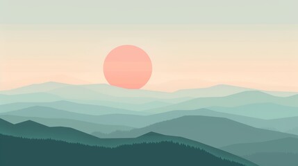 Obraz premium A picturesque digital illustration of a serene sunrise over layered mountain ranges
