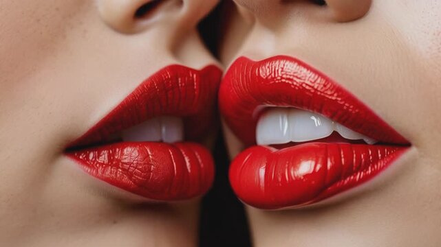 Two pairs of glossy red lips in a close-up, intimate pose, capturing the essence of passion and romance. The image conveys a sense of desire, sensuality, and connection between the two individuals.