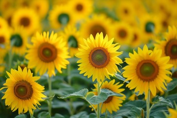 Obraz premium A Large Field of Yellow Sunflowers With Green Leaves, Sea of sunflowers swaying gently in a bright birthday scene, AI Generated