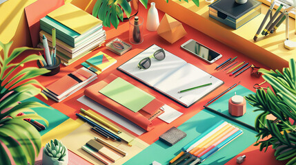Depict a vibrant and inspiring workspace filled with design tools such as sketchbooks, digital tablets, 3D models, fabric swatches, and color palettes, reflecting the designer’s creative process