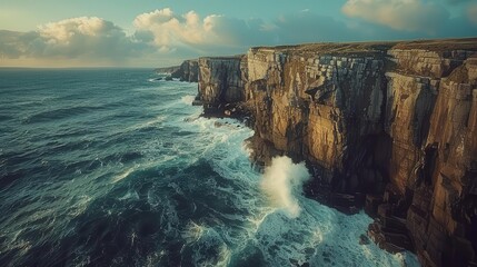 A coastal cliffside with waves crashing against the rocks, with the horizon and open sky offering copy space