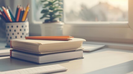 Fototapeta premium Creative flat lay of a study area with textbooks and stationery The image features a study area with textbooks