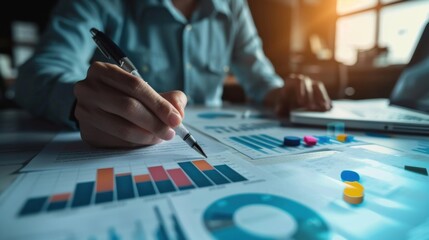 Business person analyzing financial charts and graphs, working late in a modern office. Data analysis, financial review, and strategy planning.