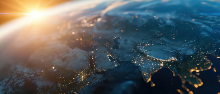 Global Climate Models GCMs are visualized with sunlight filtering through detailed 3D projections, producing an ultramodern, supernatural scene, banner, with copy space
