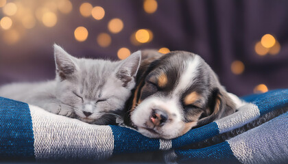 Cat and dog sleeping. Puppy and kitten sleep. Lying on a plaid.