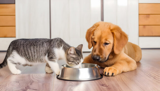 Cat and dog eating. Puppy and kitten. In the kitchen on a wooden floor. 