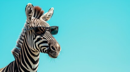 A whimsical photo featuring a zebra donning a pair of sleek sunglasses, set against an eye-catching bright blue background, exuding a cool and quirky vibe.